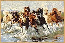 Шерстяной пейзажный ковер из шерсти Hunnu 6S910 82 бегущие лошади